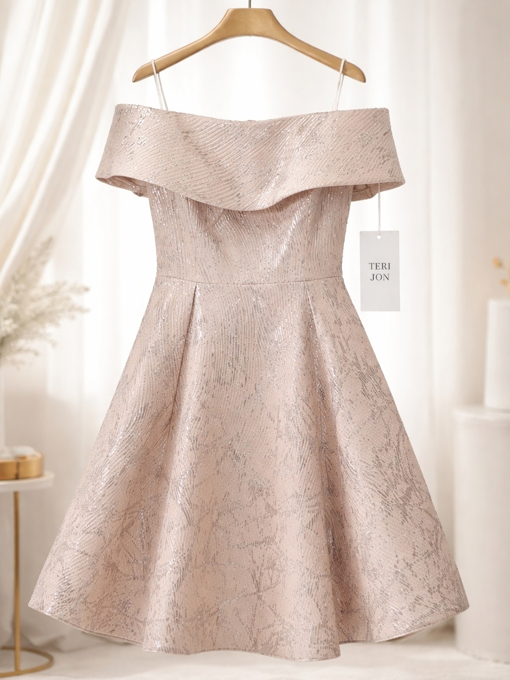 Teri Jon Off Shoulder Metallic Jacquard Fit & Flare Dress Size 6 EUC